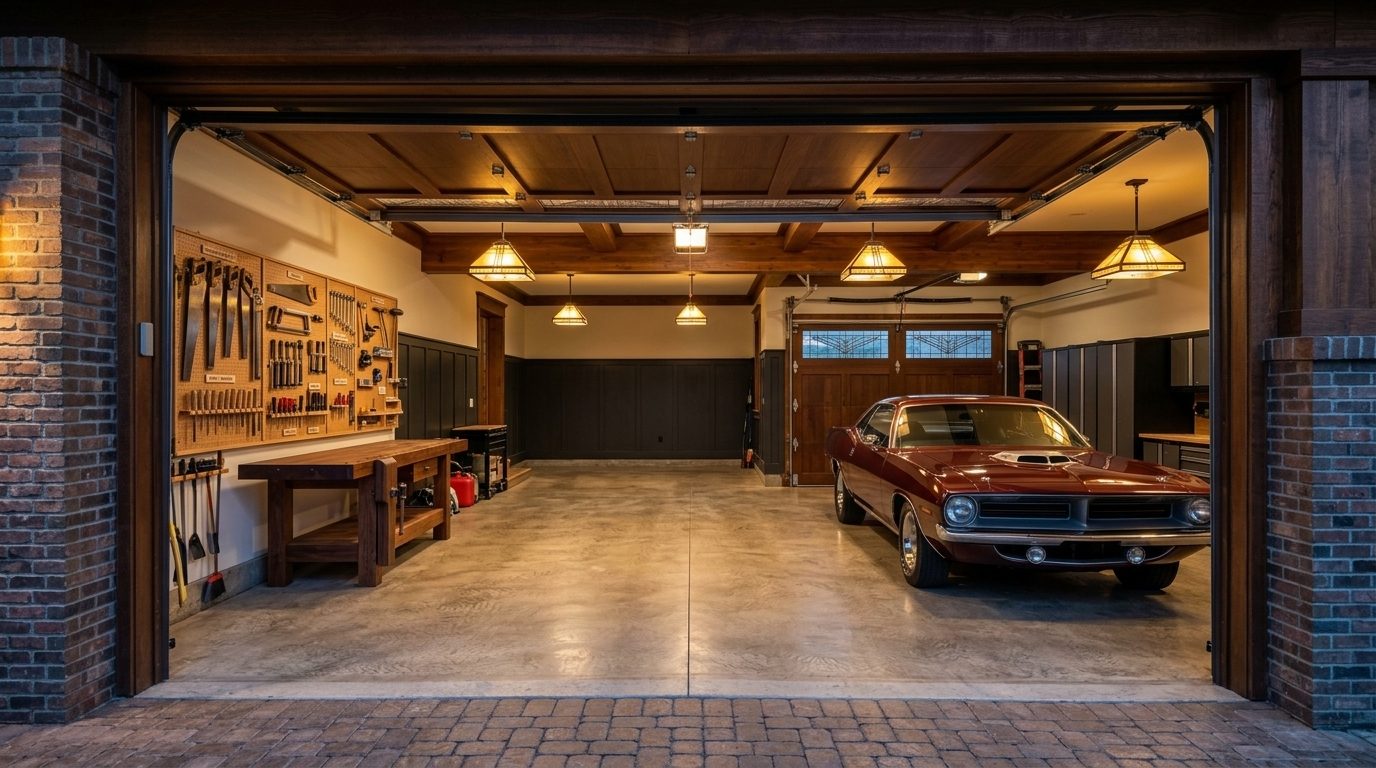 Kamal Local Garage Door Interior View of Custom Garage Door Overhead and Workshop